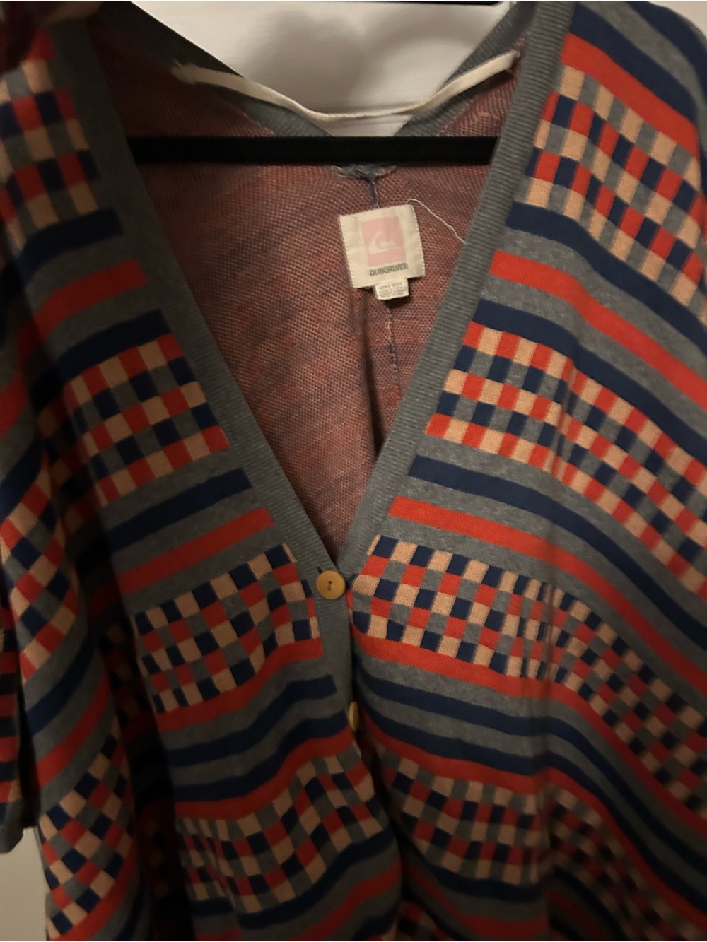 Vintage-Inspired V-Neck Cardigan Sweater - Gray with Red & Blue Pattern